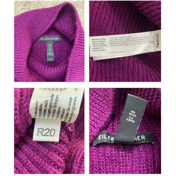 Eileen Fisher Ribbed Turtleneck Raglan Long Sleeve Merino Wool Purple Sweater XL - Picture 11 of 16
